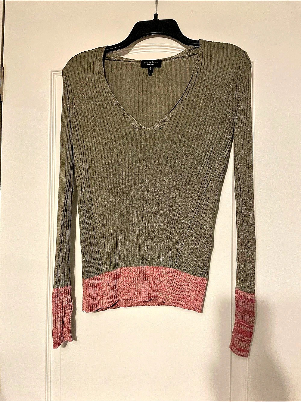 rag & bone V-Neck Color Block Sweater Green & Pink Size Small